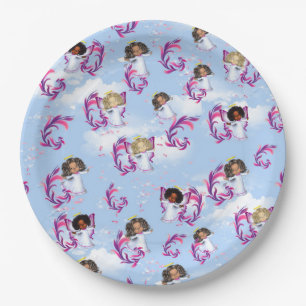 Angel Baby Girls Flying Among Clouds Paper Plate