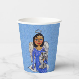 Angel Blue Dress Holding White Angel Cat on Cloud Paper Cups
