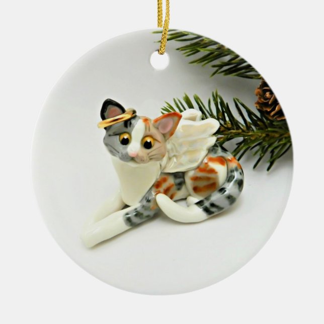 Angel Cat Calico Tabby Ceramic Ornament (Front)