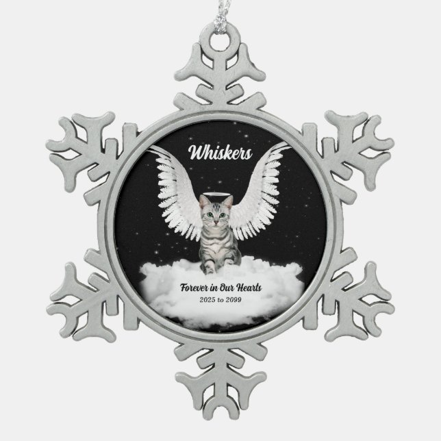 Angel Cat Grey Tabby Memorial Snowflake Pewter Christmas Ornament (Front)