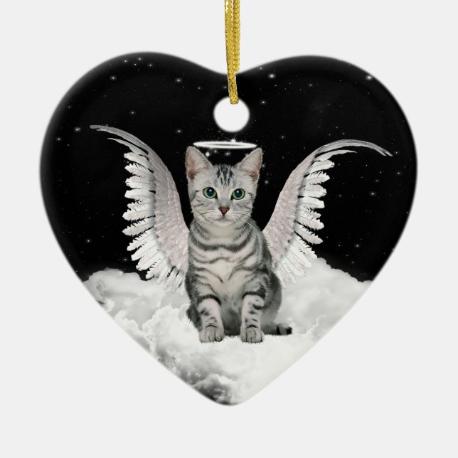 Angel Cat Grey Tabby Pet Memorial Ceramic Ornament (Front)