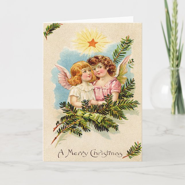 Angel Cherub Evergreen Bough Heaven Holiday Card (Front)