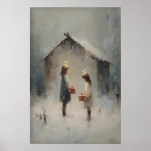 Angel Children With Gift In Snow, Christmas Poster