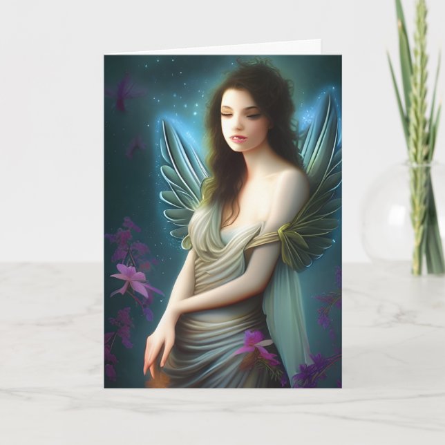 Angel Christmas Card Purple Flowers Blank Inside (Front)