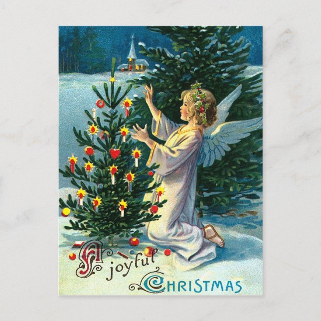 Angel Decorating Christmas Tree 2 Holiday Postcard (Front)