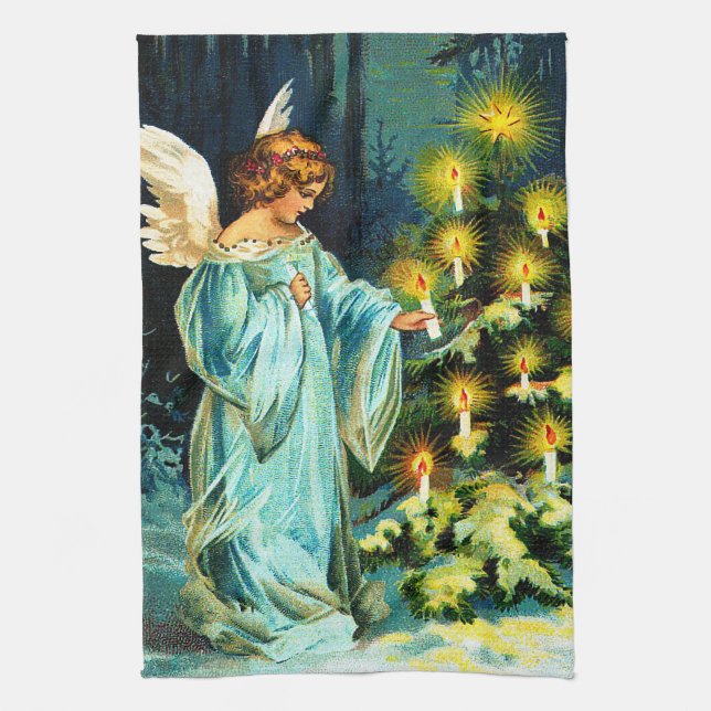 Angel Decorating Christmas Tree Kitchen Towel (Vertical)