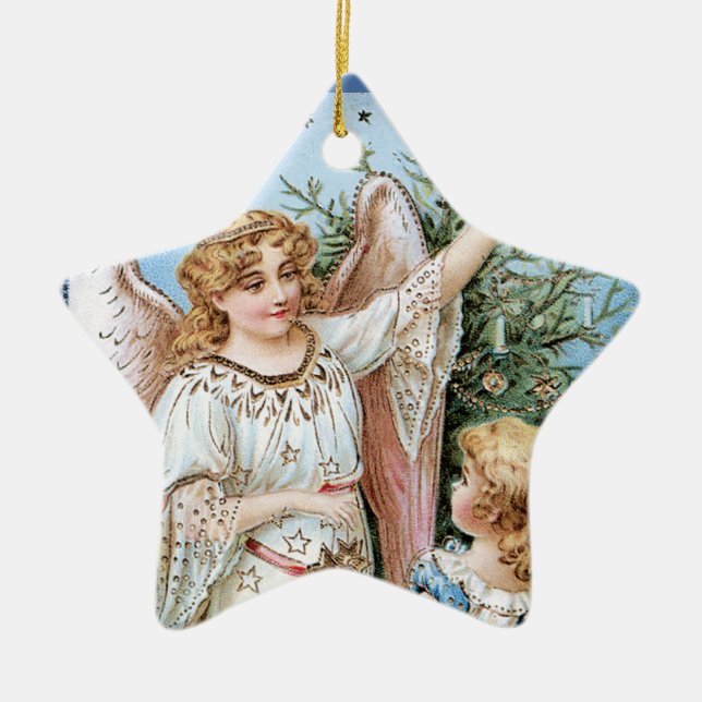 Angel Decorating the Tree Ceramic Ornament (Front)