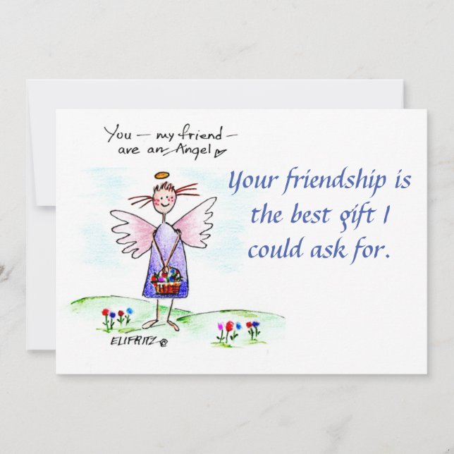 Angel Drawing Purple Blue Green "You My Friend" Holiday Card (Front)