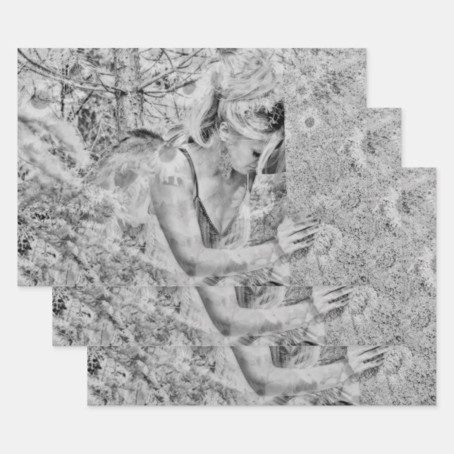 Angel Elegant Boho Black And White Floral Antique Wrapping Paper Sheet (Set)