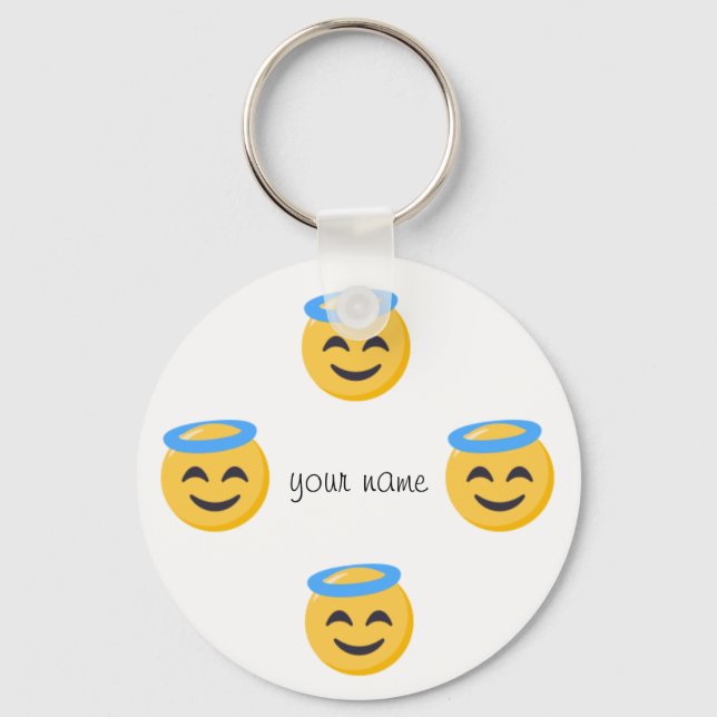 Angel Emoji Face  and '' Your Name Here " Keychain (Front)