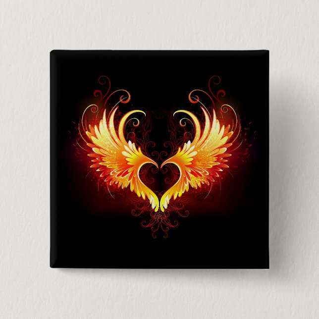 Angel Fire Heart with Wings 2 Inch Square Button (Front)