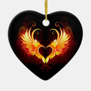 Angel Fire Heart with Wings Ceramic Ornament