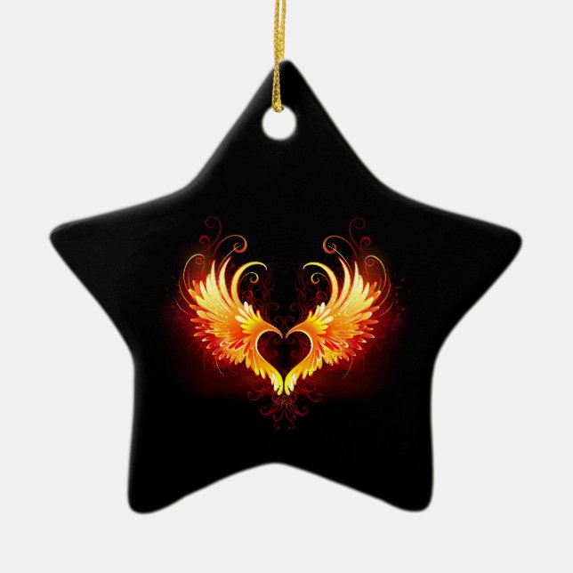 Angel Fire Heart with Wings Ceramic Ornament (Front)