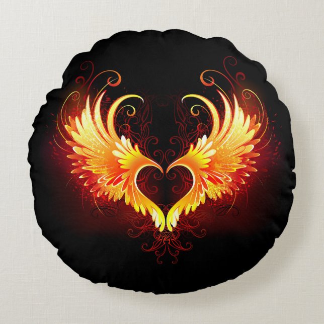 Angel Fire Heart with Wings Round Pillow (Front)