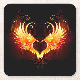 Angel Fire Heart with Wings Square Paper Coaster