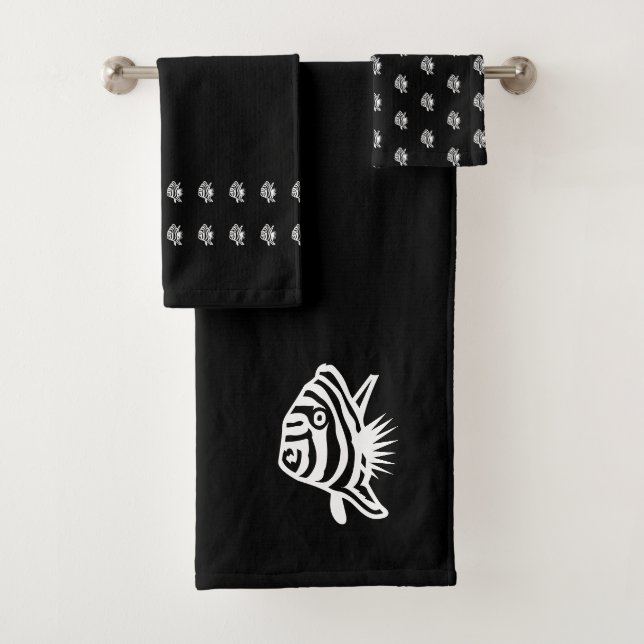 Angel fish Black and white coastal deco Bath Towel Set (Insitu)