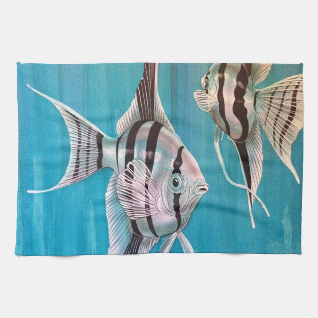 Angel fish on pretty blue background oil painting kitchen towel (Horizontal)