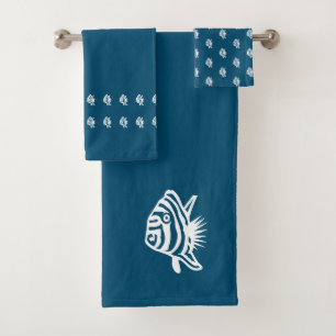 Angel fish  Sea Blue & white coastal deco Bath Towel Set