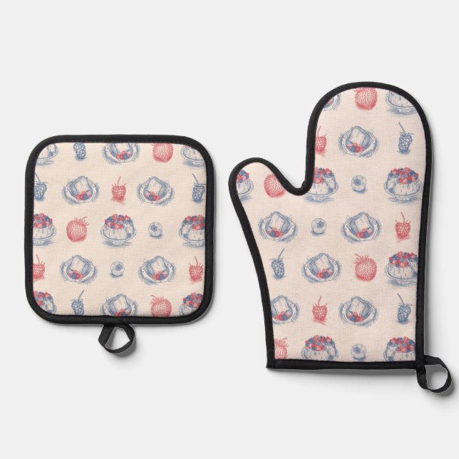 Angel Food Cake Toile Oven Mitt & Pot Holder Set (Front)