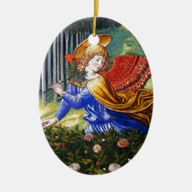 Angel Gathering Flowers in a Heavenly Landscape Ceramic Ornament (Front)