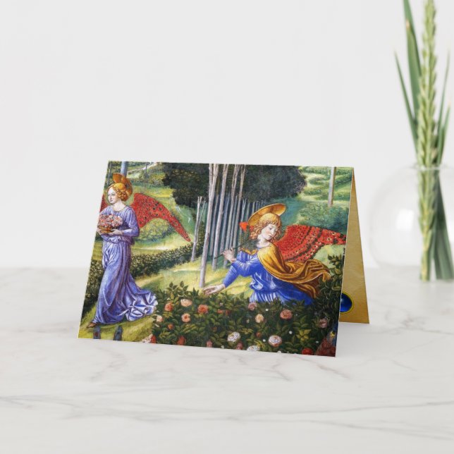 Angel Gathering Flowers in a Heavenly Landscape Holiday Card (Front)