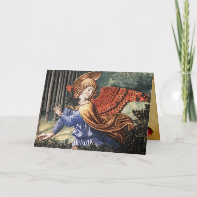 Angel Gathering Flowers in a Heavenly Landscape Holiday Card (Front)