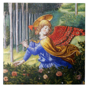 Angel Gathering Flowers in a Heavenly Landscape Tile