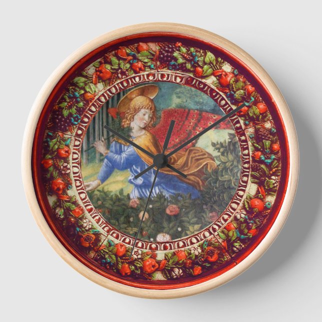 Angel Gathering Flowers Red Floral Crown Christmas Clock (Front)