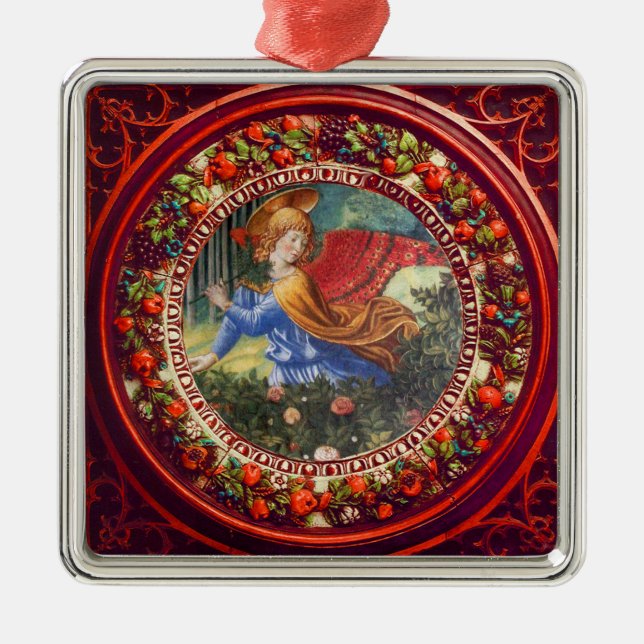 Angel Gathering Flowers Red Floral Crown Christmas Metal Ornament (Front)