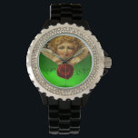 ANGEL HEART WAX SEAL,GREEN EMERALD GEM MONOGRAM WATCH<br><div class="desc">Elegant , classic and classy design with a romantic winged cupid, red wax seal, heart and arrow with 3D pink gem stones,  suitable for Valentine's Day,  romantic engagements, weddings, Christmas holidays .</div>