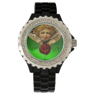 ANGEL HEART WAX SEAL,GREEN EMERALD GEM MONOGRAM WATCH