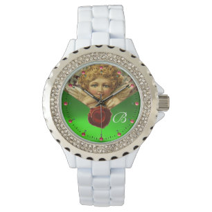 ANGEL HEART WAX SEAL,GREEN EMERALD GEM MONOGRAM WATCH