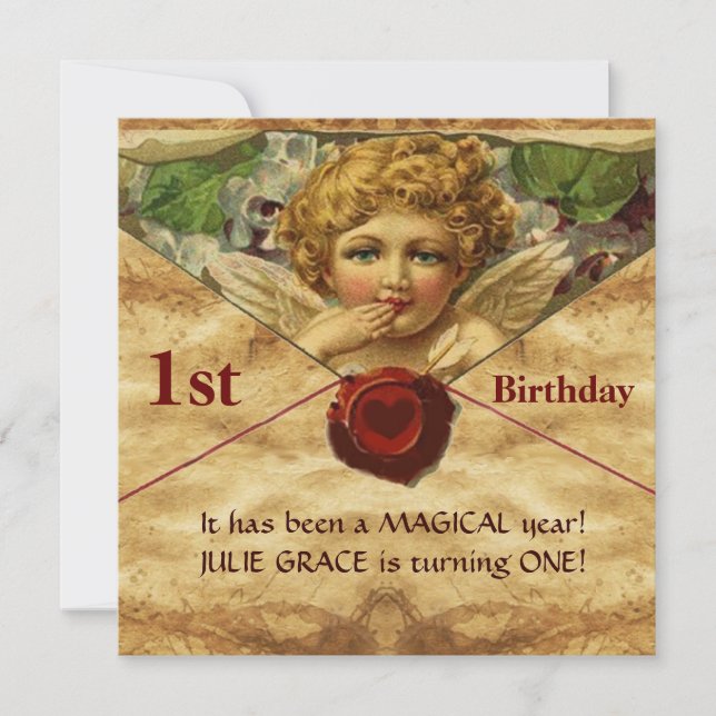 ANGEL HEART WAX SEAL PARCHMENT First Birthday Invitation (Front)
