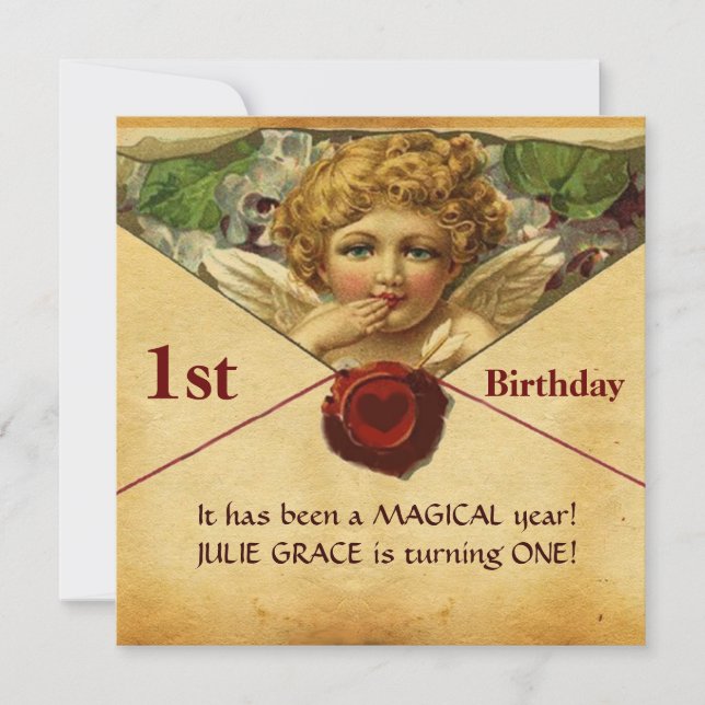 ANGEL HEART WAX SEAL PARCHMENT First Birthday Invitation (Front)