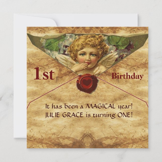 ANGEL HEART WAX SEAL PARCHMENT First Birthday Invitation (Front)