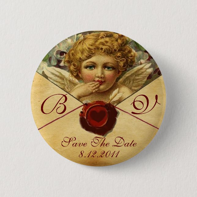 ANGEL HEART WAX SEAL PARCHMENT Save the Date 2 Inch Round Button (Front)