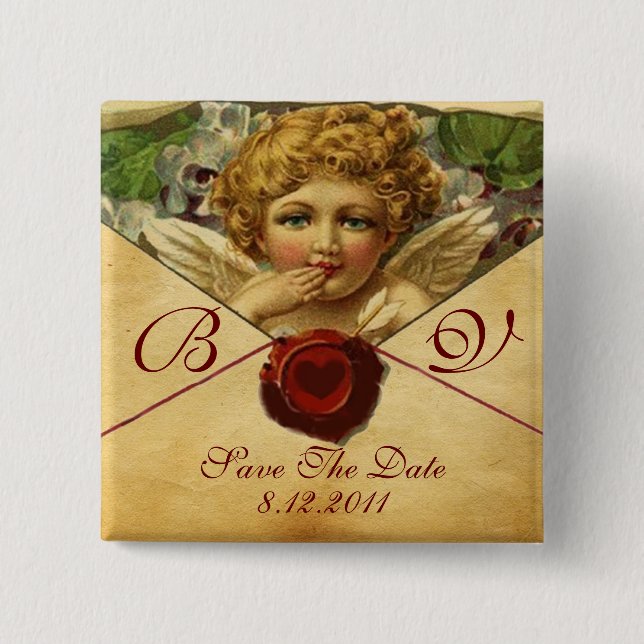 ANGEL HEART WAX SEAL PARCHMENT Save the Date 2 Inch Square Button (Front)