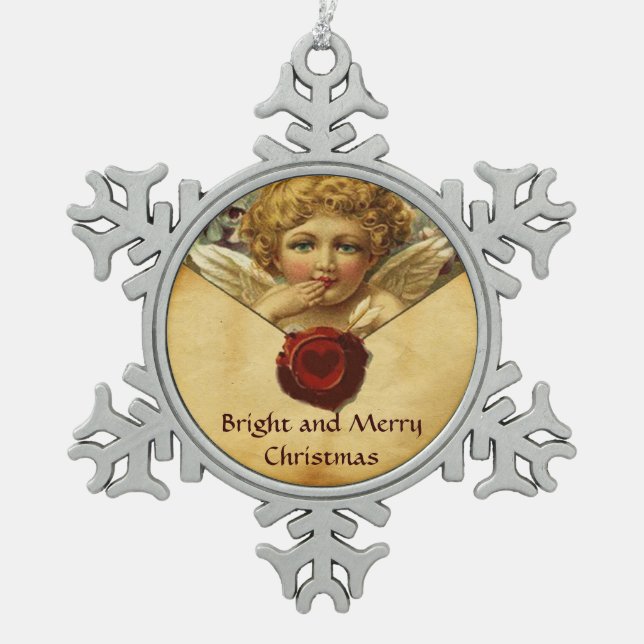 ANGEL HEART WAX SEAL PARCHMENT SNOWFLAKE PEWTER CHRISTMAS ORNAMENT (Front)