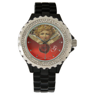 ANGEL HEART WAX SEAL,RED RUBY GEM MONOGRAM WATCH