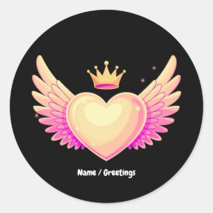 Angel Heart with Cool Pink Wings and Crown A Touch Classic Round Sticker