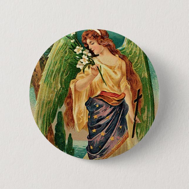 Angel holding a floral branch 2 inch round button (Front)
