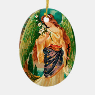 Angel holding a floral branch ceramic ornament
