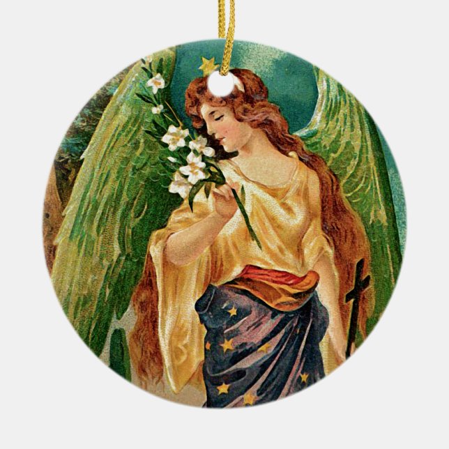 Angel holding a floral branch ceramic ornament (Front)