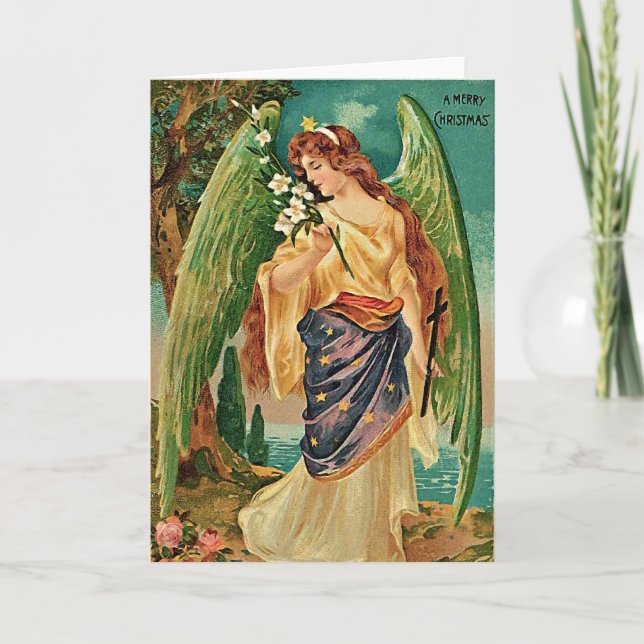Angel holding a floral branch holiday card (Front)