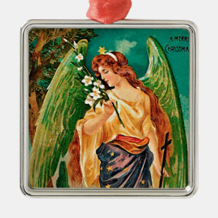 Angel holding a floral branch metal ornament