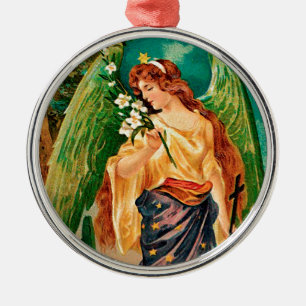 Angel holding a floral branch metal ornament