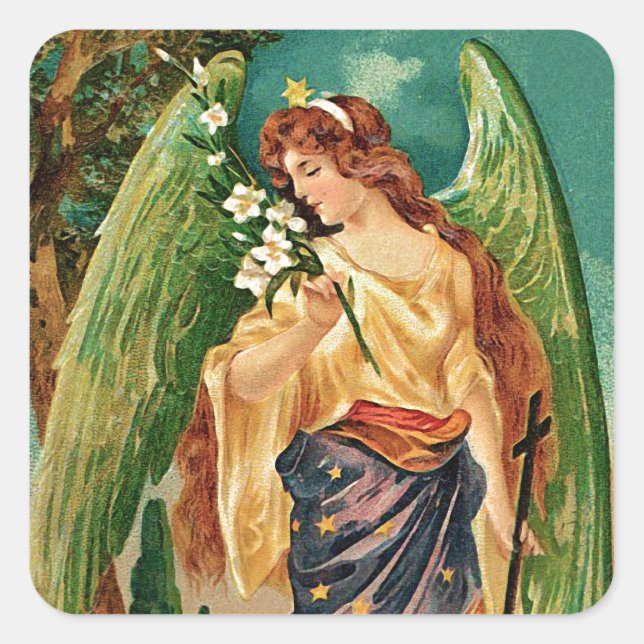 Angel holding a floral branch square sticker (Front)