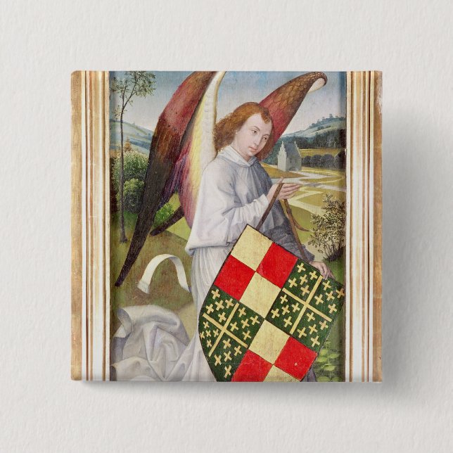 Angel holding a shield 2 inch square button (Front)