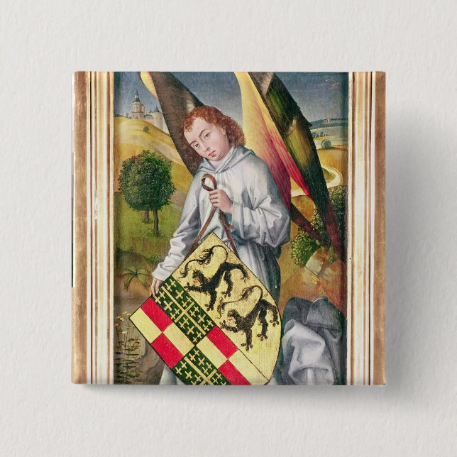 Angel holding a shield with  two leopards 2 inch square button (Front)