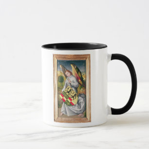 Angel holding a shield with two leopards mug